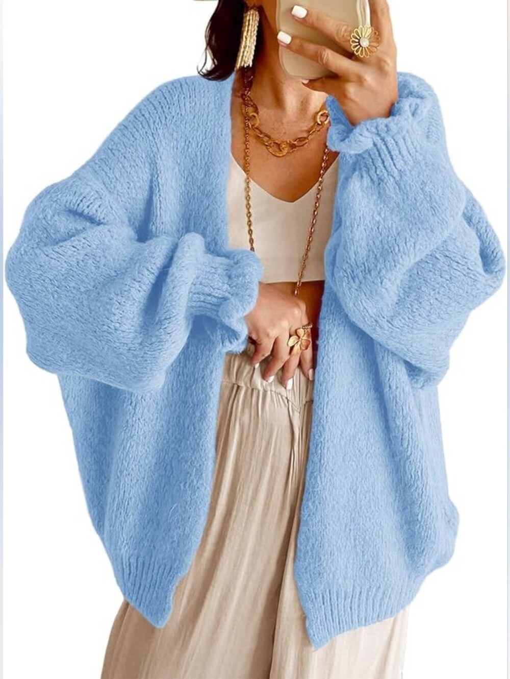 Chic Soft Light Blue Knit Oversized Cardigan Sweater